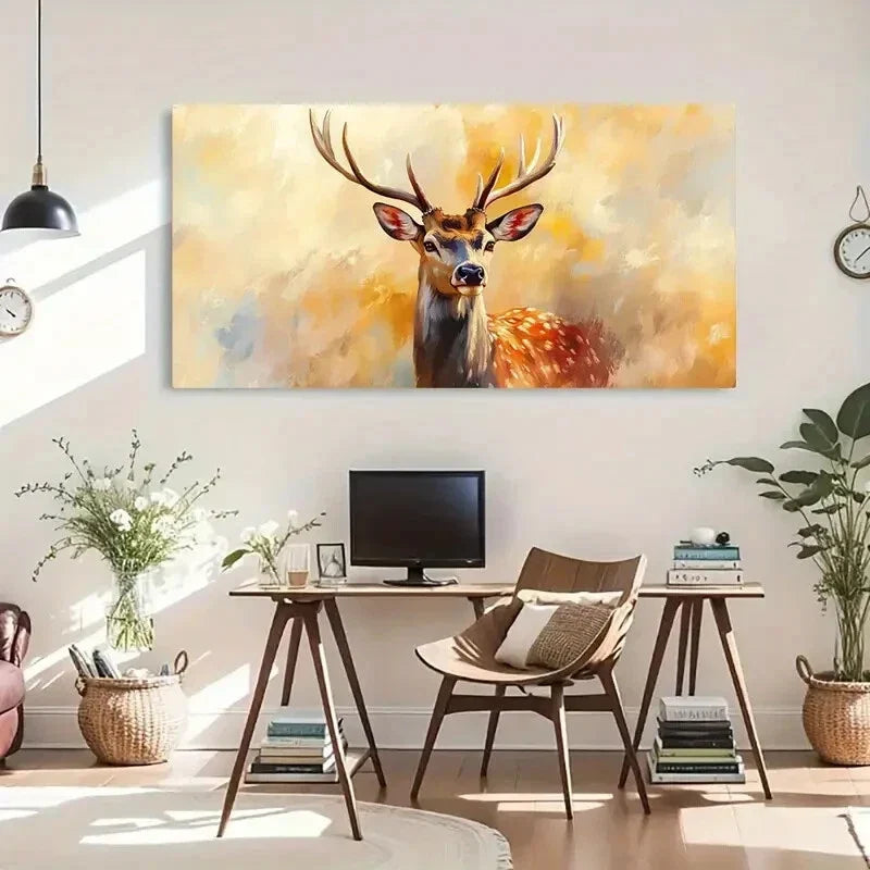 Deer Antlers Landscape Deco Wall Art Canvas Office Home Room Framed 80x45cm