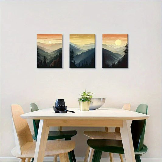 3pcs Boho Mountain Forest Sunrise Metal Print Ready to Hang Art