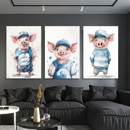 3pcs Adorable Cartoon Pig Blue & Pink Metal Print Ready to Hang Art