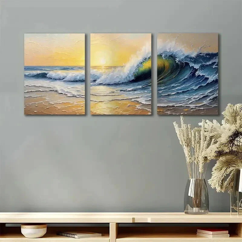 3pcs Sunset Beach Vibrant Blue Waves & Yellow Metal Print Ready to Hang Art