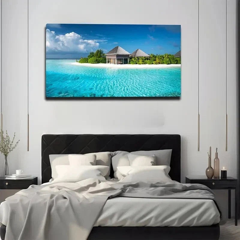 Vibrant Beach Scene Palm Tree Wall Art Canvas Office Home Room Framed 80x45cm