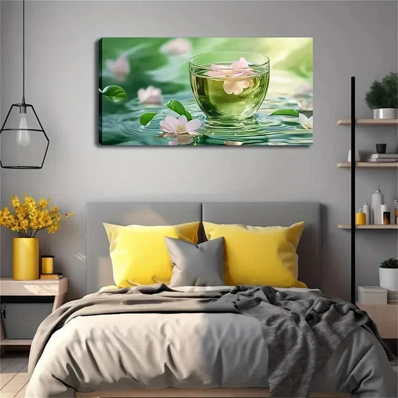 A Pink Flower Floating Green Wall Art Canvas Office Home Room Framed 120x60cm