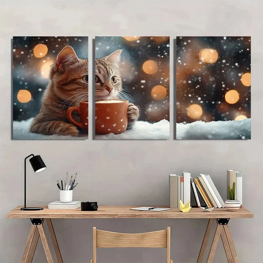 3pcs Snowy Nature Orange Cat Cup Metal Print Ready to Hang Art