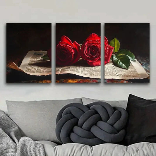 3pcs Red Roses on Vintage Newspaper Metal Print Ready to Hang Art