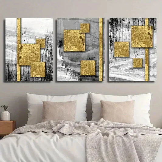 3pcs Abstract Geometric Golden Square Luxury Metal Print Ready to Hang Art