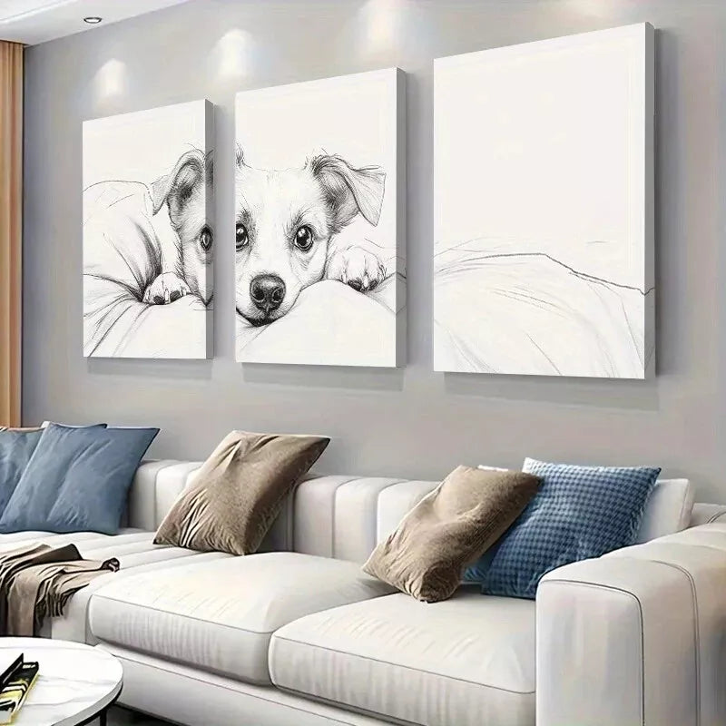3pcs Adorable Puppy Black and White Sketch Wall Art Set Canvas Framed 40x60cm - High Quality Print 100% Australian Made Wall Canvas Ready to Hang