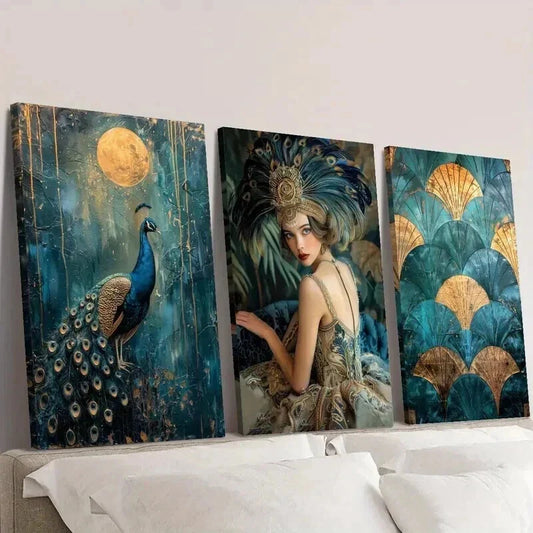3pcs Gatsby Girl Peacock Full Moon Wall Art Set Canvas Framed 40x60cm - High Quality Print 100% Australian Made Wall Canvas Ready to Hang