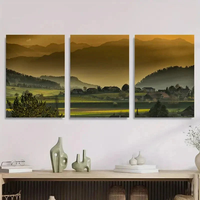 3pcs Mountainous View with Golden Sunset Metal Print Ready to Hang Art