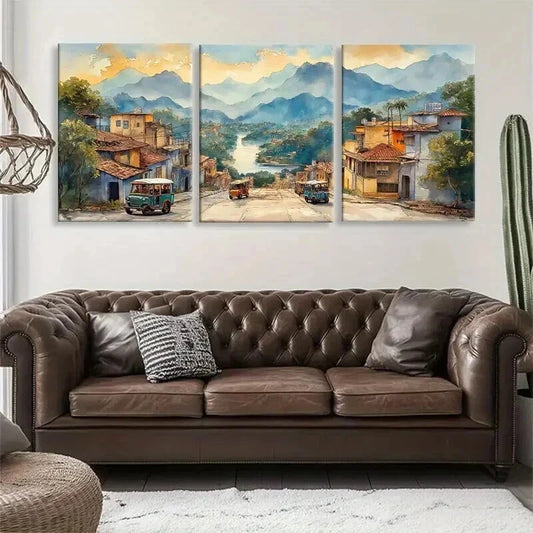 3pcs Vintage Mountain Street Colorful Prefect Wall Art Set Canvas Framed 40x60cm - High Quality Print 100% Australian Made Wall Canvas Ready to Hang