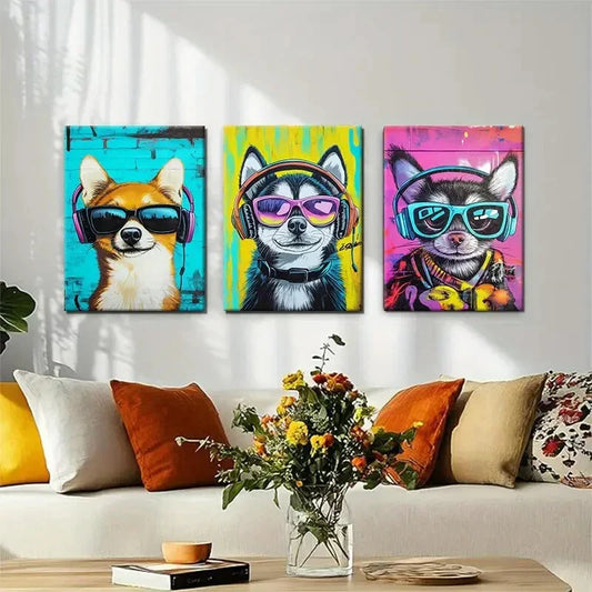 3pcs Cool Dogs in Headphones Pop Style Perfect Wall Art Set Canvas Framed 40x60cm - High Quality Print 100% Australian Made Wall Canvas Ready to Hang