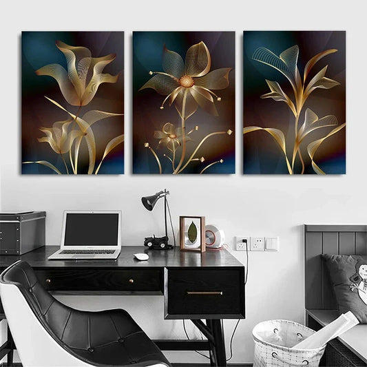 3pcs Black and Gold Flower Murals Metal Print Ready to Hang Art