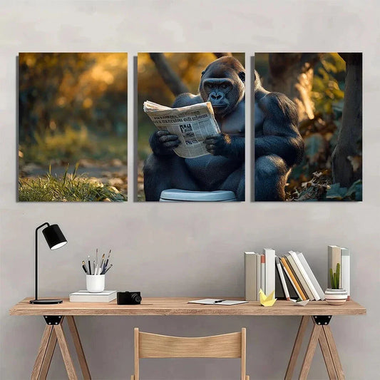 3pcs Funny Gorilla Reading Newspaper Classic Metal Print Ready to Hang Art