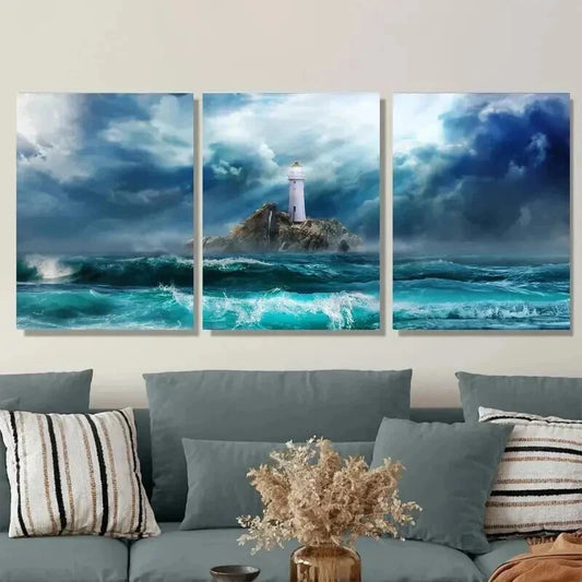 3pcs Ocean Storm Lighthouse Painting Wall Art Set Canvas Framed 40x60cm - High Quality Print 100% Australian Made Wall Canvas Ready to Hang