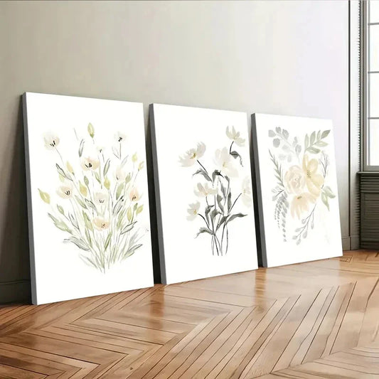 3pcs Flowers Green Leaves Wild Plants YellowWall Art Set Canvas Framed 40x60cm - High Quality Print 100% Australian Made Wall Canvas Ready to Hang