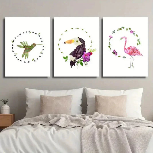 3pcs Bird Murals Flowers Tropical Hummingbird Metal Print Ready to Hang Art