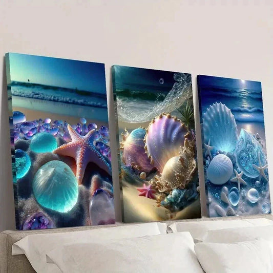 3pcs Starfish & Seashells Beach Scene Wall Art Set Canvas Framed 40x60cm - High Quality Print 100% Australian Made Wall Canvas Ready to Hang