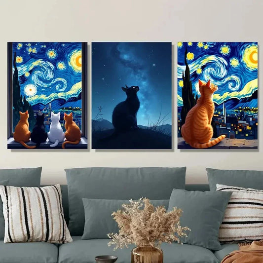 3pcs Starry Night Cat Modern Metal Print Ready to Hang Art