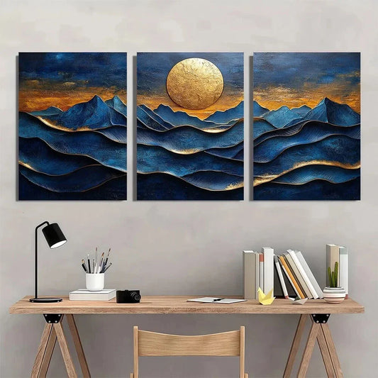3pcs Nordic Style Oil Painting Golden Foil Waves Metal Print Ready to Hang Art