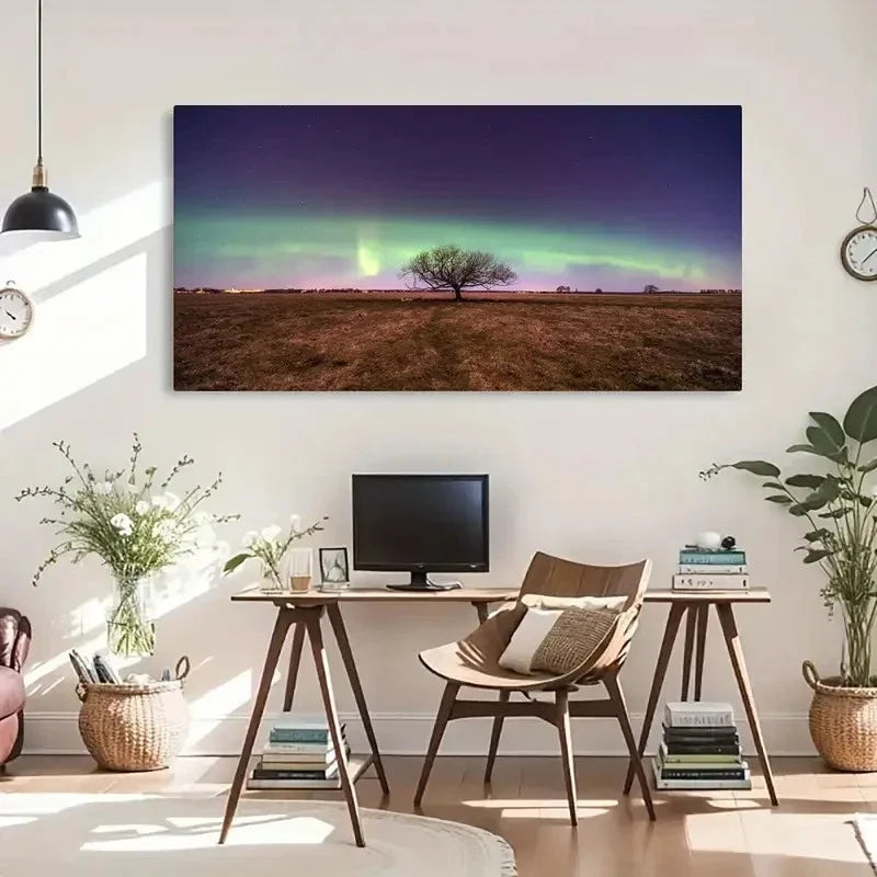 Northern Lights & Bow Trees Wall Art Canvas Office Home Room Framed 80x45cm