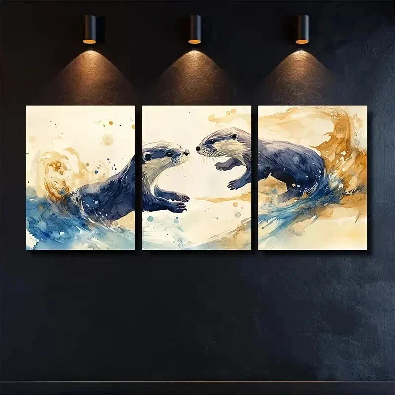 3pcs Summer Otters Playing in Indigo & Amber Wall Art Set Canvas Framed 40x60cm - High Quality Print 100% Australian Made Wall Canvas Ready to Hang