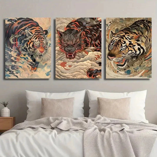 3pcs Majestic Tiger Abstract Edo Period Bengal Metal Print Ready to Hang Art