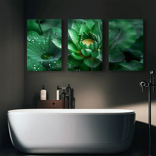 3pcs Green Lotus And Water Droplet Patterns Metal Print Ready to Hang Art
