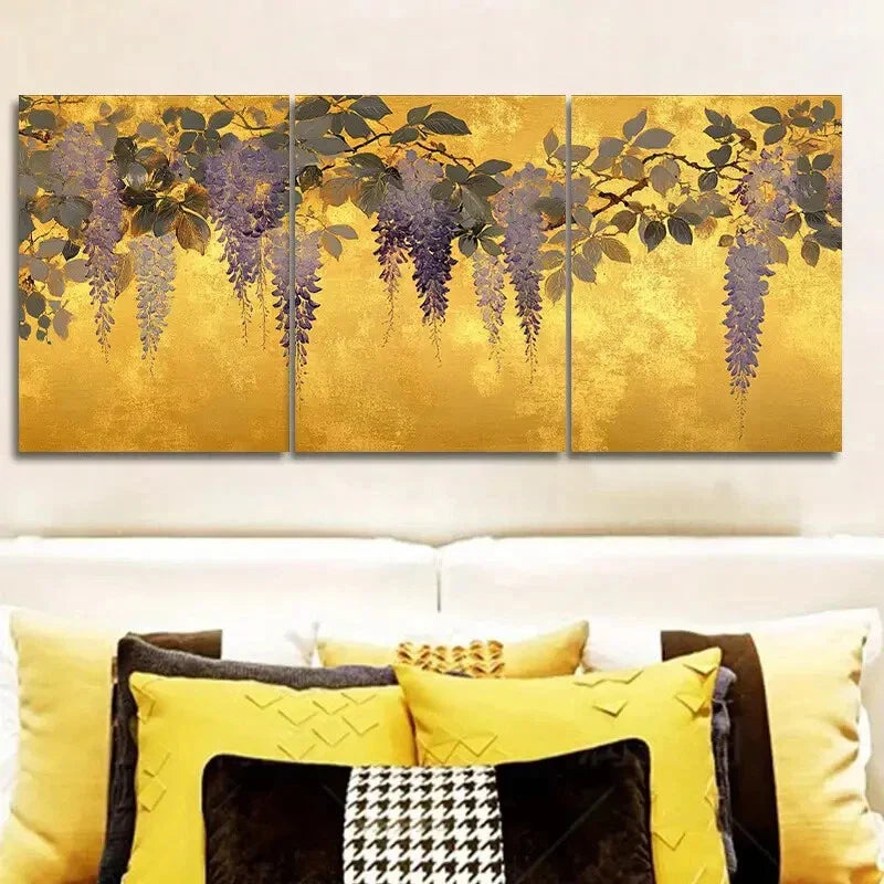 3pcs Gold foil floral wisteria Metal Print Ready to Hang Art