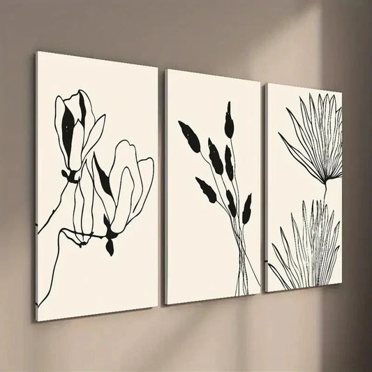 3pcs Abstract Beige and Black Botanical Floral Wall Art Set Canvas Framed 40x60cm - High Quality Print 100% Australian Made Wall Canvas Ready to Hang