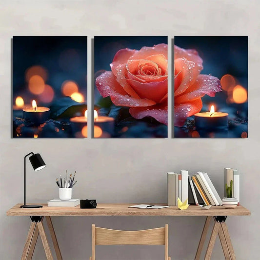 3pcs Painting Gorgeous Candles And Blooming Rose Metal Print Ready to Hang Art
