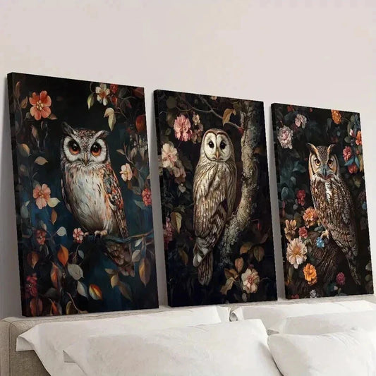 3pcs Colorful Dahlia & Owl Illustrations Wall Art Set Canvas Framed 40x60cm - High Quality Print 100% Australian Made Wall Canvas Ready to Hang