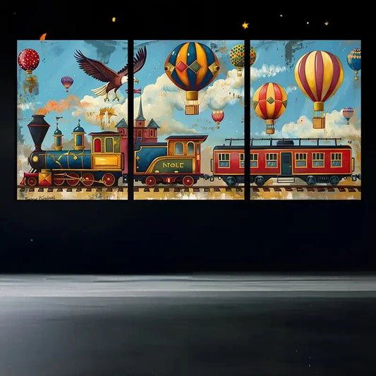 3pcs Colourful Train Air Balloon Eagle Metal Print Ready to Hang Art