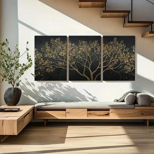 3pcs Golden Tree Branches Art Abstract Nature Metal Print Ready to Hang Art