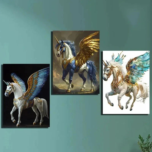 3pcs Golden Winged Horse Triptych Wall Art Set Canvas Framed 40x60cm - High Quality Print 100% Australian Made Wall Canvas Ready to Hang