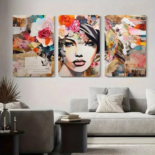 3pcs Abstract Fashion Portraits with Floral Metal Print Ready to Hang Art