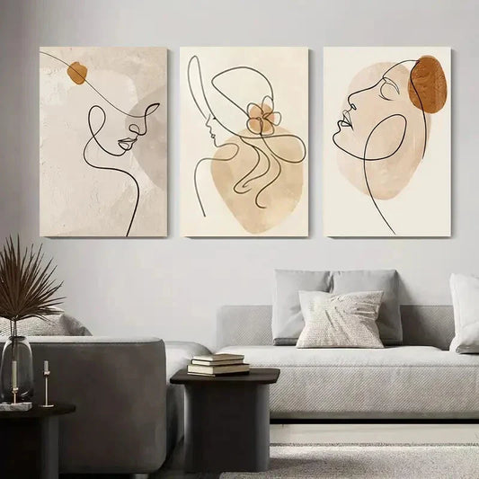 3pcs Elegant Female Profiles with Minimalist Metal Print Ready to Hang Art