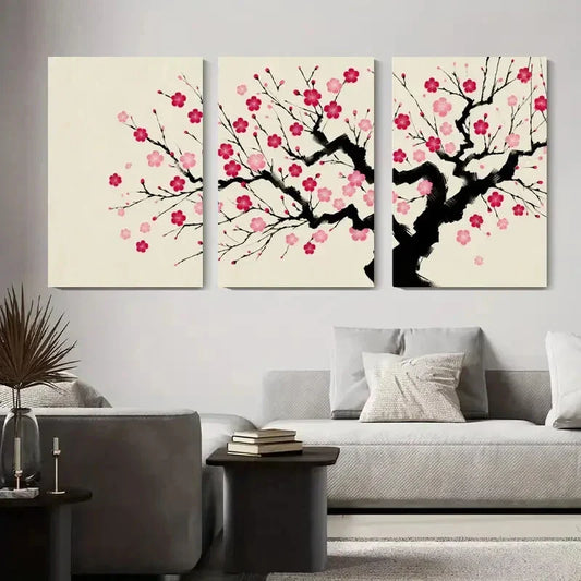 3pcs Pink Cherry Blossom Japanese Sakura Tree Metal Print Ready to Hang Art