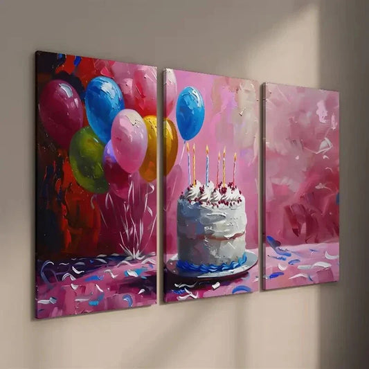 3pcs Birthday Cake and Balloon Wall Art Set Canvas Framed 40x60cm - High Quality Print 100% Australian Made Wall Canvas Ready to Hang