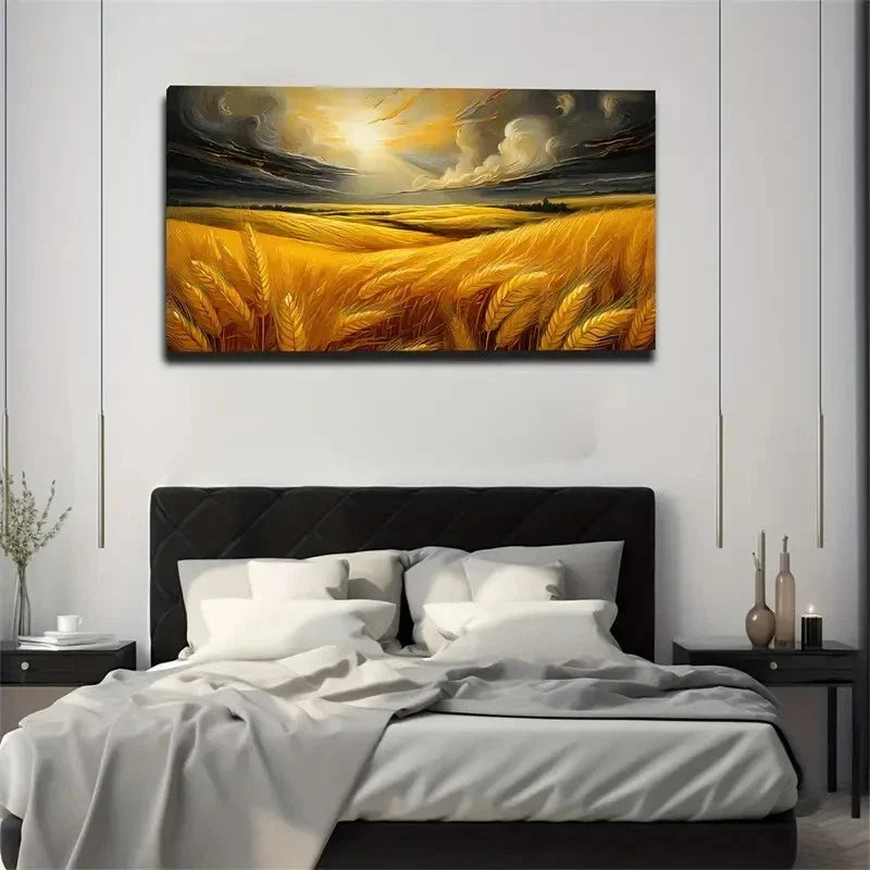 Sunshine Yellow Wheat Field Wall Art Canvas Office Home Room Framed 80x45cm
