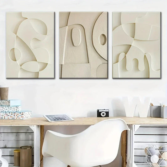 3pcs Abstract White & Beige Modern Design Metal Print Ready to Hang Art
