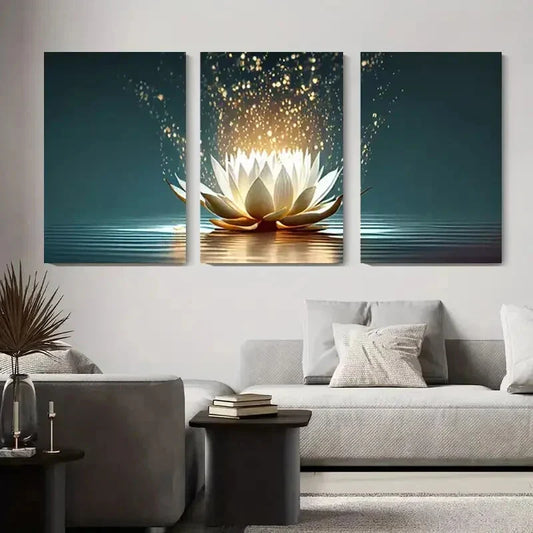 3pcs Elegant White Lotus Blossoms with Glowing Metal Print Ready to Hang Art