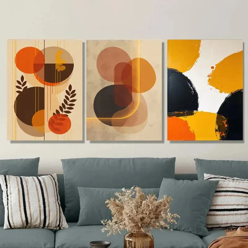 3pcs Abstract Geometric Vibrant Orange, Brown Wall Art Set Canvas Framed 40x60cm - High Quality Print 100% Australian Made Wall Canvas Ready to Hang