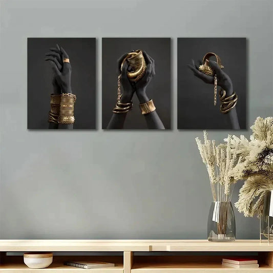 3pcs Luxury Black And Golden Hands Metal Print Ready to Hang Art