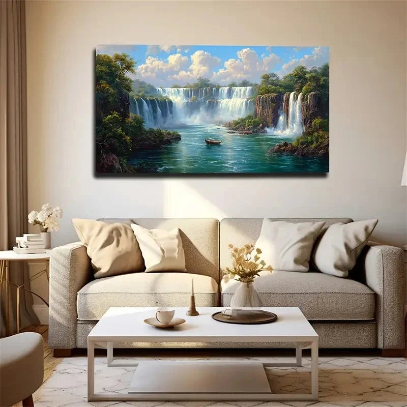 Serene Waterfall River Boat Wall Art Canvas Office Home Room Framed 120x60cm