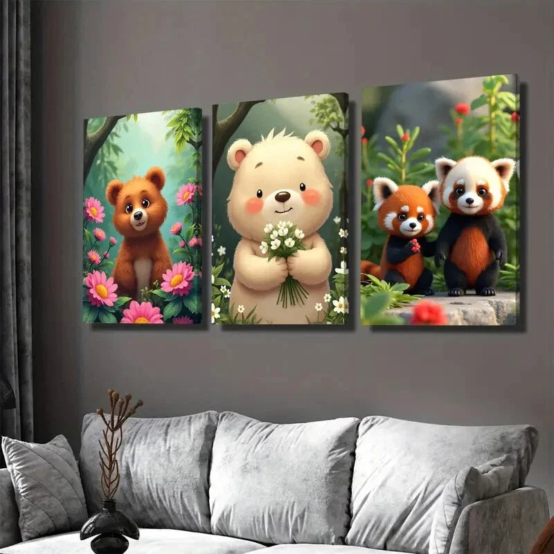 3pcs Charming Forest Friends Cute Bears & Pandas Wall Art Set Canvas Framed 40x60cm - High Quality Print 100% Australian Made Wall Canvas Ready to Hang