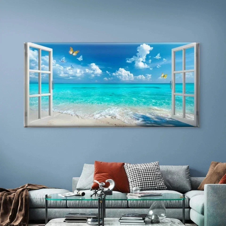 Ocean Beach with Butterfly Wall Art Canvas Office Home Room Framed 80x45cm