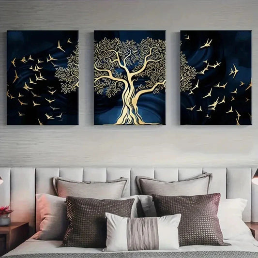 3pcs Golden Tree and Bird Golden Blue Metal Print Ready to Hang Art