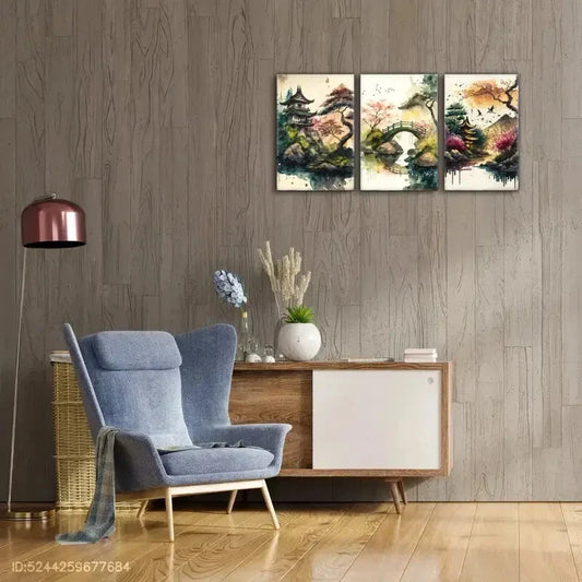 3pcs Small Bridge and Flowing Water Beautiful Metal Print Ready to Hang Art