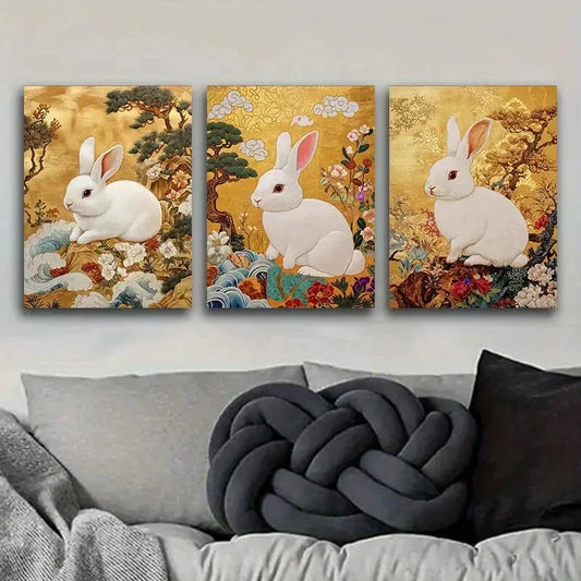 3pcs Little white rabbit embroidery Metal Print Ready to Hang Art