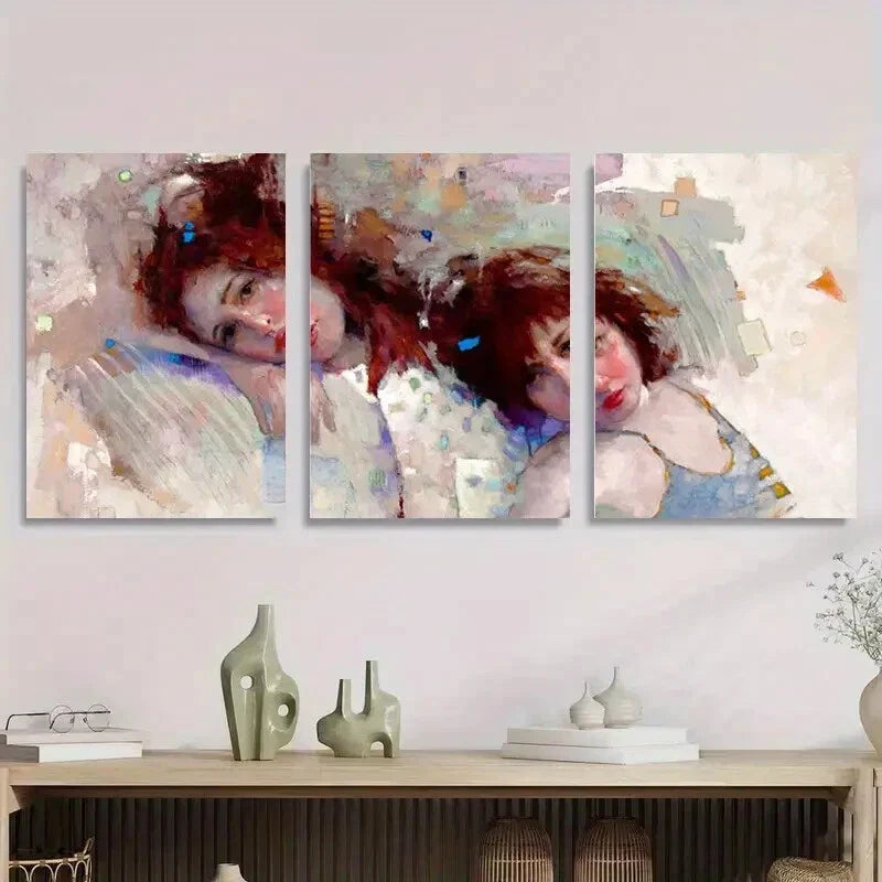 3pcs Female Portraits with Soft Brushstrokes Metal Print Ready to Hang Art