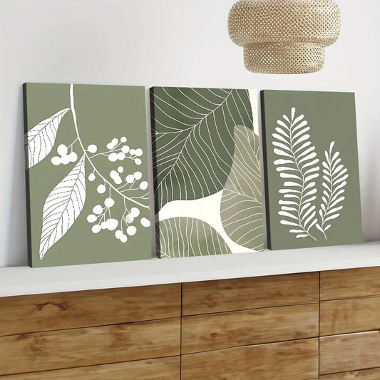3pcs Bohemian Style Sage Green Plant Leaves Wall Art Set Canvas Framed 40x60cm - High Quality Print 100% Australian Made Wall Canvas Ready to Hang